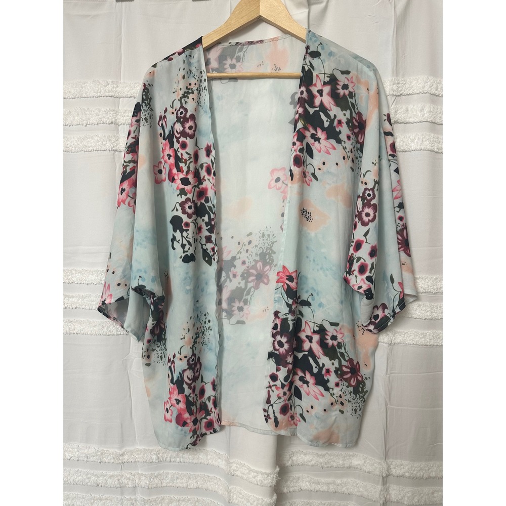 Floral Kimono Cardigan Light Blue‎ Pink Boho Open Front Cover Up One Size